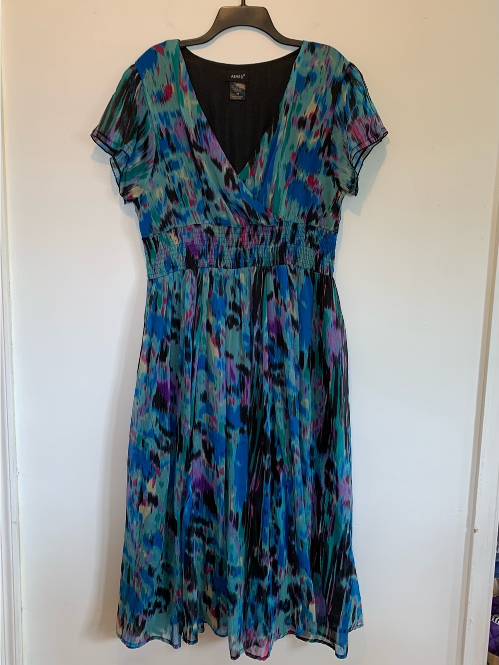 Ashro Watercolor Chiffon Maxi Dress 18 Smocked Waist